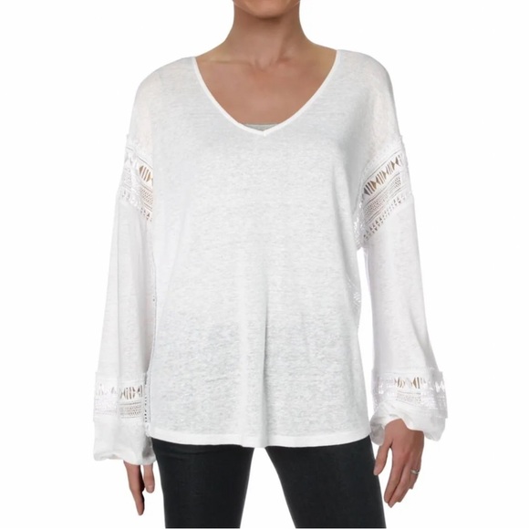 INK womens white long sleeve lace inset peasant top lined blend sz small - Picture 1 of 9